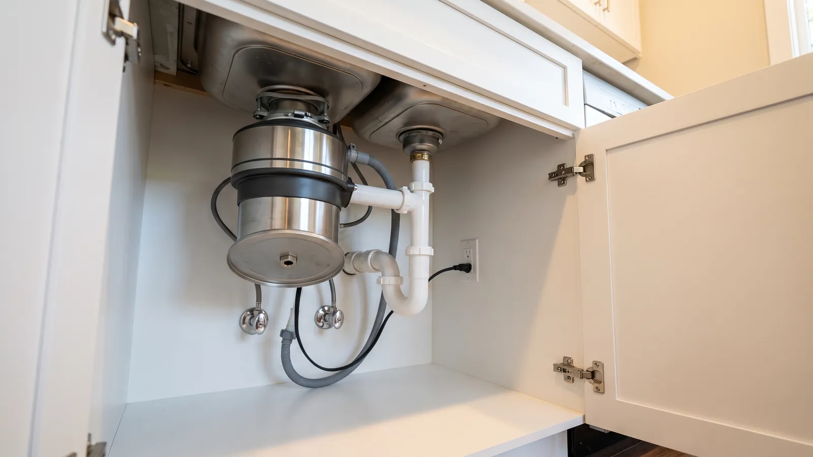 Stainless steel garburator mounted under a kitchen sink, with the hex key socket at the centre of its base, a white plastic drain trap, dishwasher hose and chrome shut-off valves inside an open white cabinet
