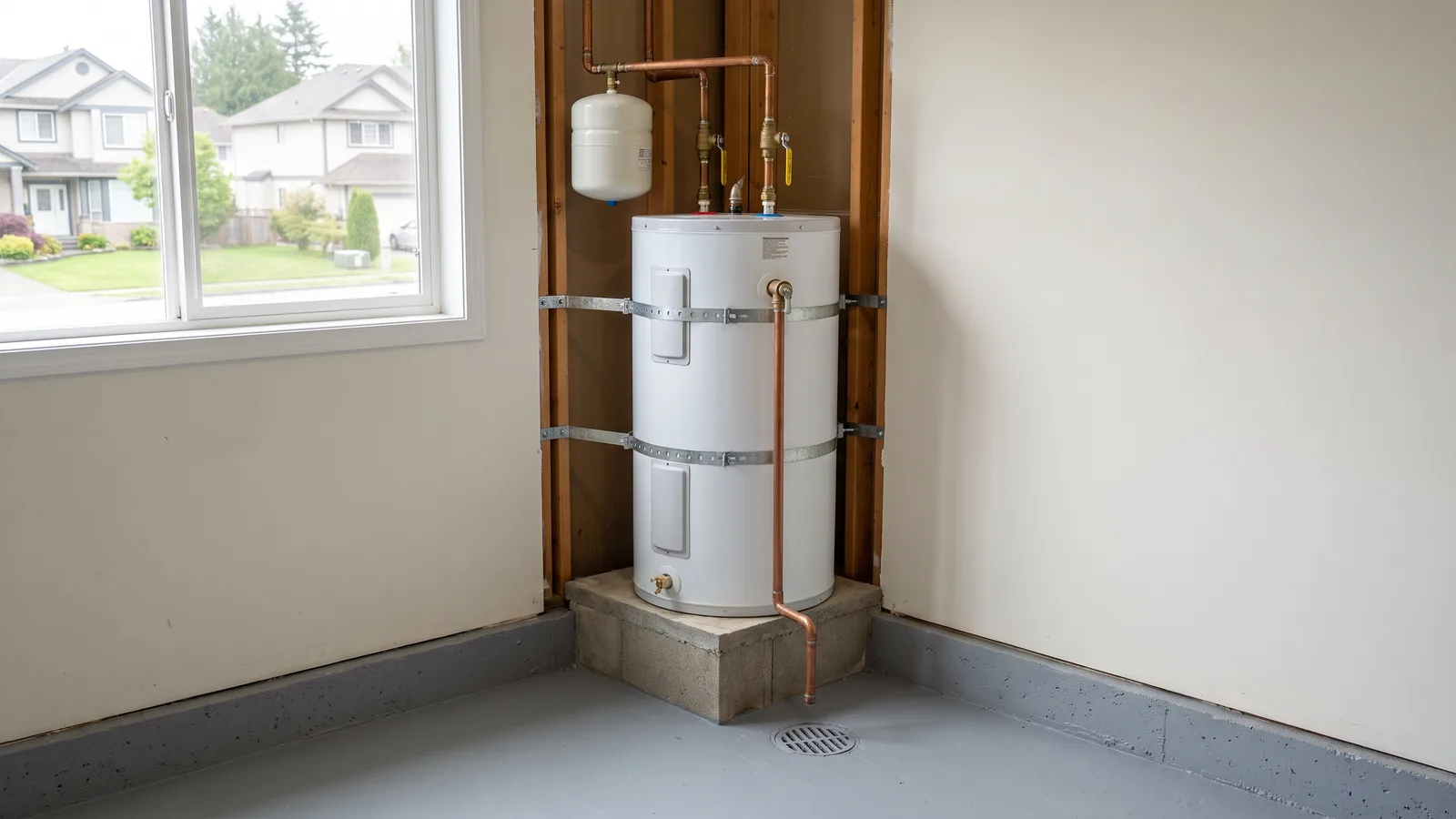 Electric hot water tank on a raised concrete platform in a ground-floor room, strapped to the wall studs, with an expansion tank on the cold supply line above it